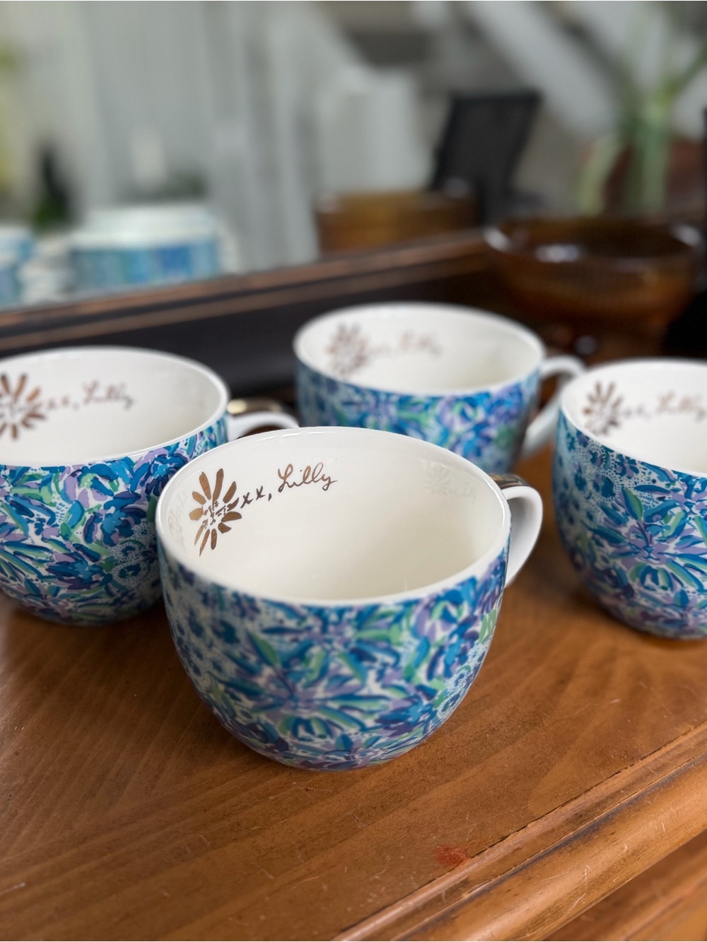 Lilly Pulitzer Floral Mug Set of 4 | Gold Accent Palm Beach Coffee Cups